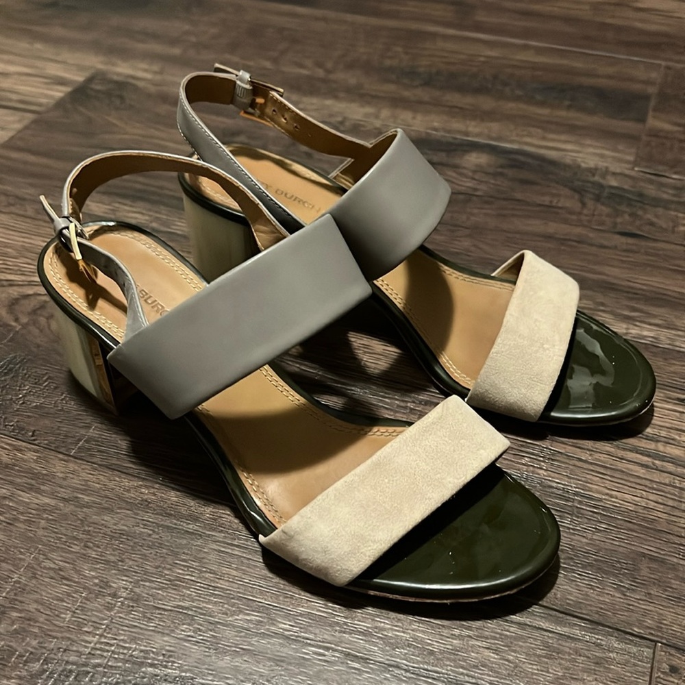 Tory Burch Cream & Gray Leather Strappy Heeled Sandal